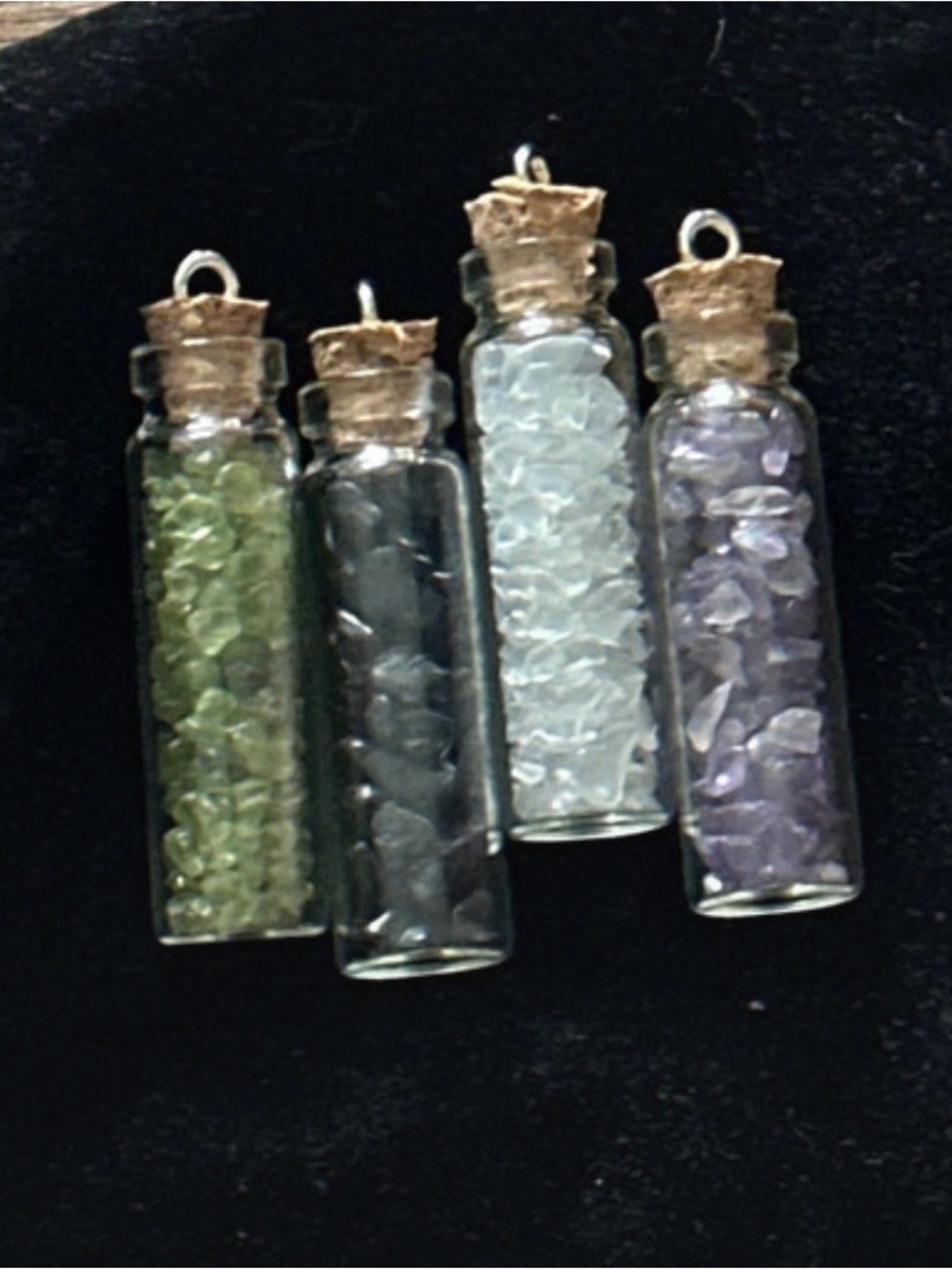 Glass Vial Crystal Chip Pendants- Black Tourmaline, Amethyst, Peridot & Opalite)